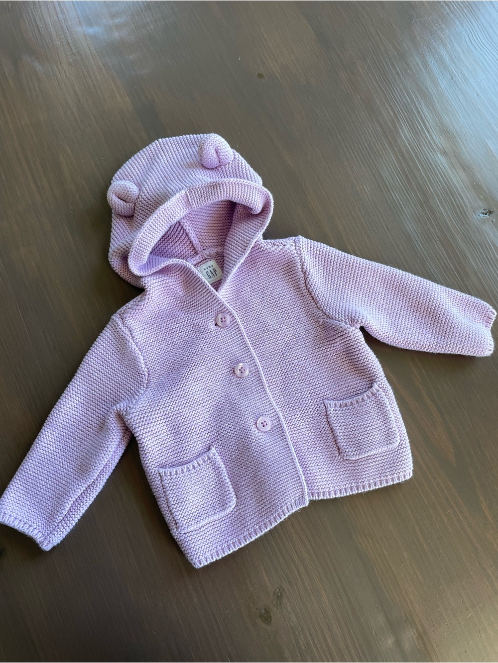 Baby Gap Lavender Knit Hooded Button Up Cardigan Sweater w/ Ears Size 6-12M